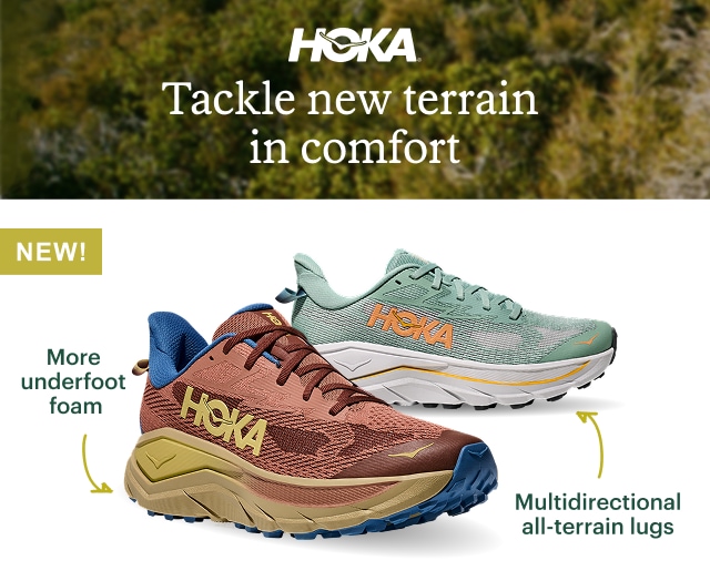 HOKA logo. Headline: Tackle new terrain in comfort. More underfoot foam. Multidirectional all-terrain lugs. 