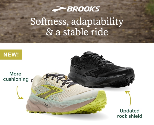 BROOKS logo. Headline: Softness, adaptability & a stable ride. More cushioning. Updated rock shield.