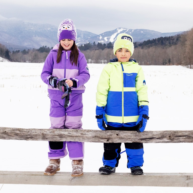 Two kids wearing snow jackets and bottoms stand on a fence again a wintery backdrop.