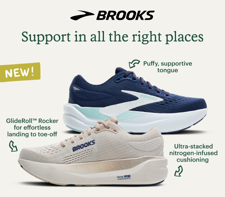 New Brooks Ghost Max 3 shoes in blue and beige. Headline: Support in all the right places