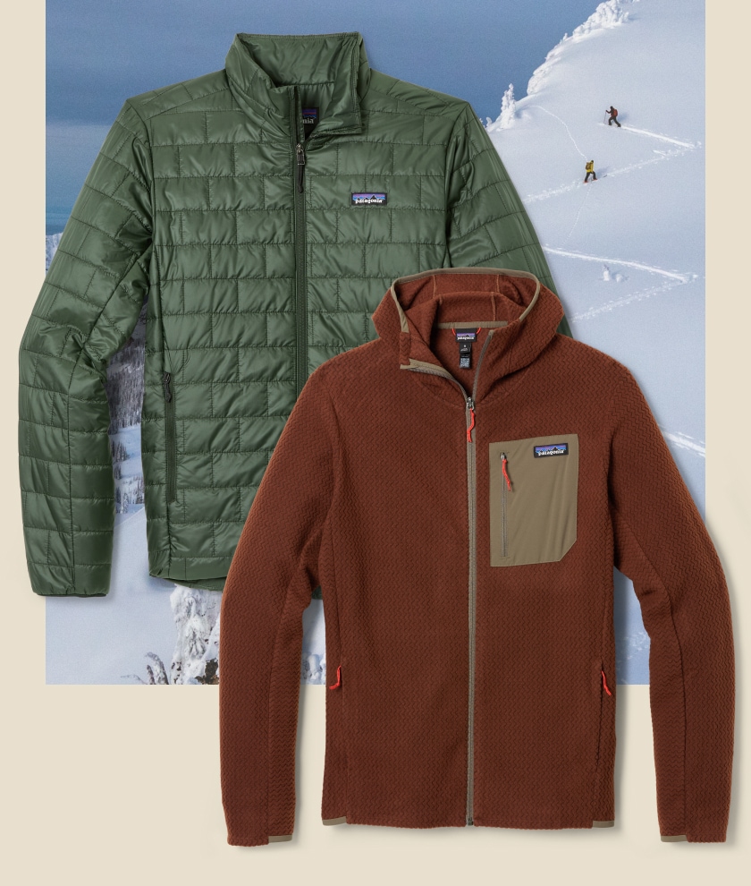 The Patagonia Nano Puff and R1 Air jackets over an image of people trekking up a snowy mountain.