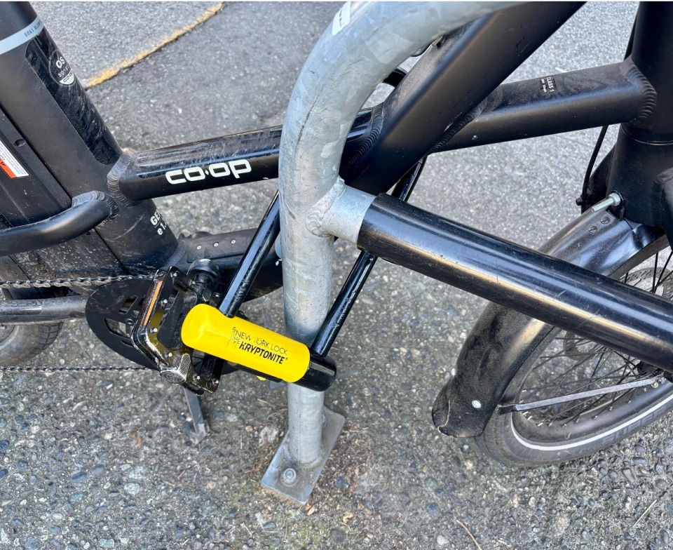 A bike lock on a Co-op Cycles bike.