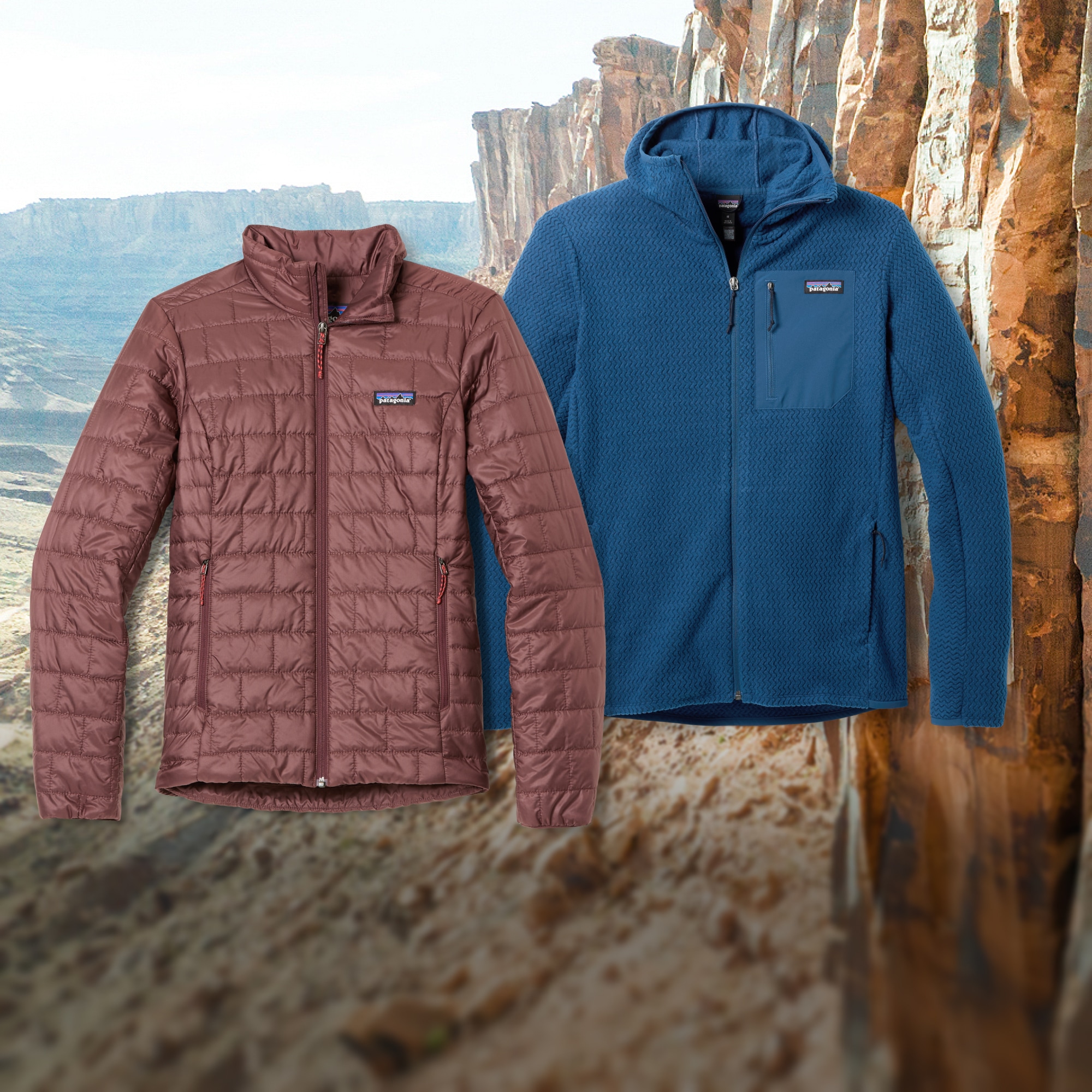 The Patagonia R1 & Nano Puff jackets over an image of a canyon.