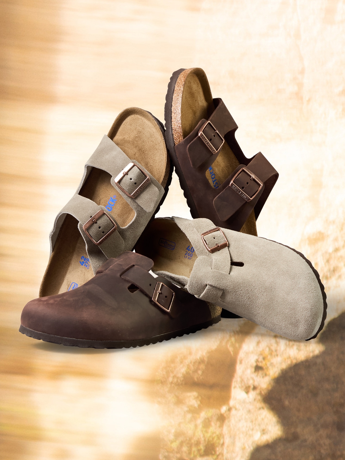 A collage of Birkenstock footwear over an image of rocks.