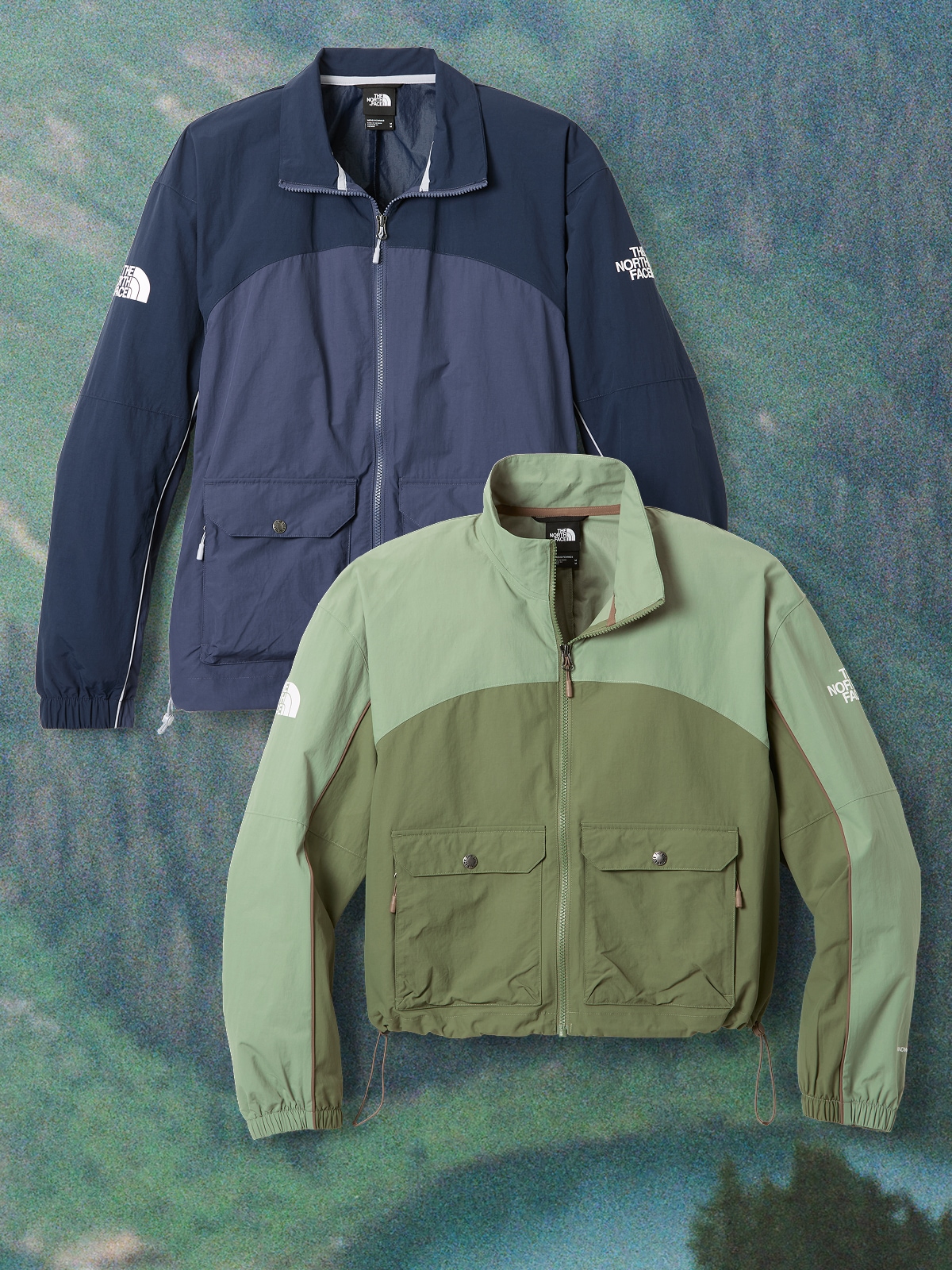 Two North Face jackets over an image of a forest with a lake.