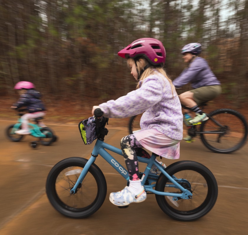 Two children and an adult ride their bikes through a forest on a paved road.
