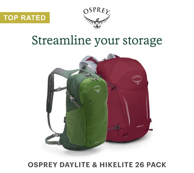 Osprey Hikelite and Daylite. Headline: TOP RATED. Streamline your storage. OSPREY DAYLITE & HIKELITE 26 PACK