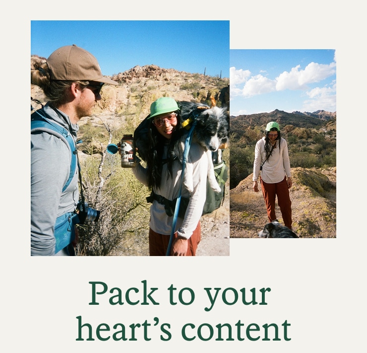 Two backpackers on the trail. Headline: Pack to your heart's content