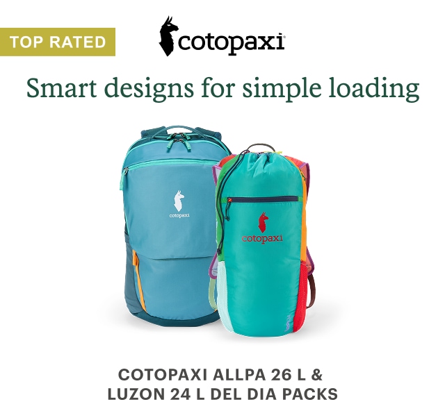 Cotopaxi Allpa and Luzon daypacks. Headline: TOP RATED. Smart designs for simple loading. COTOPAXI ALLPA 26 L & LUZON 24 L DEL DIA PACKS
