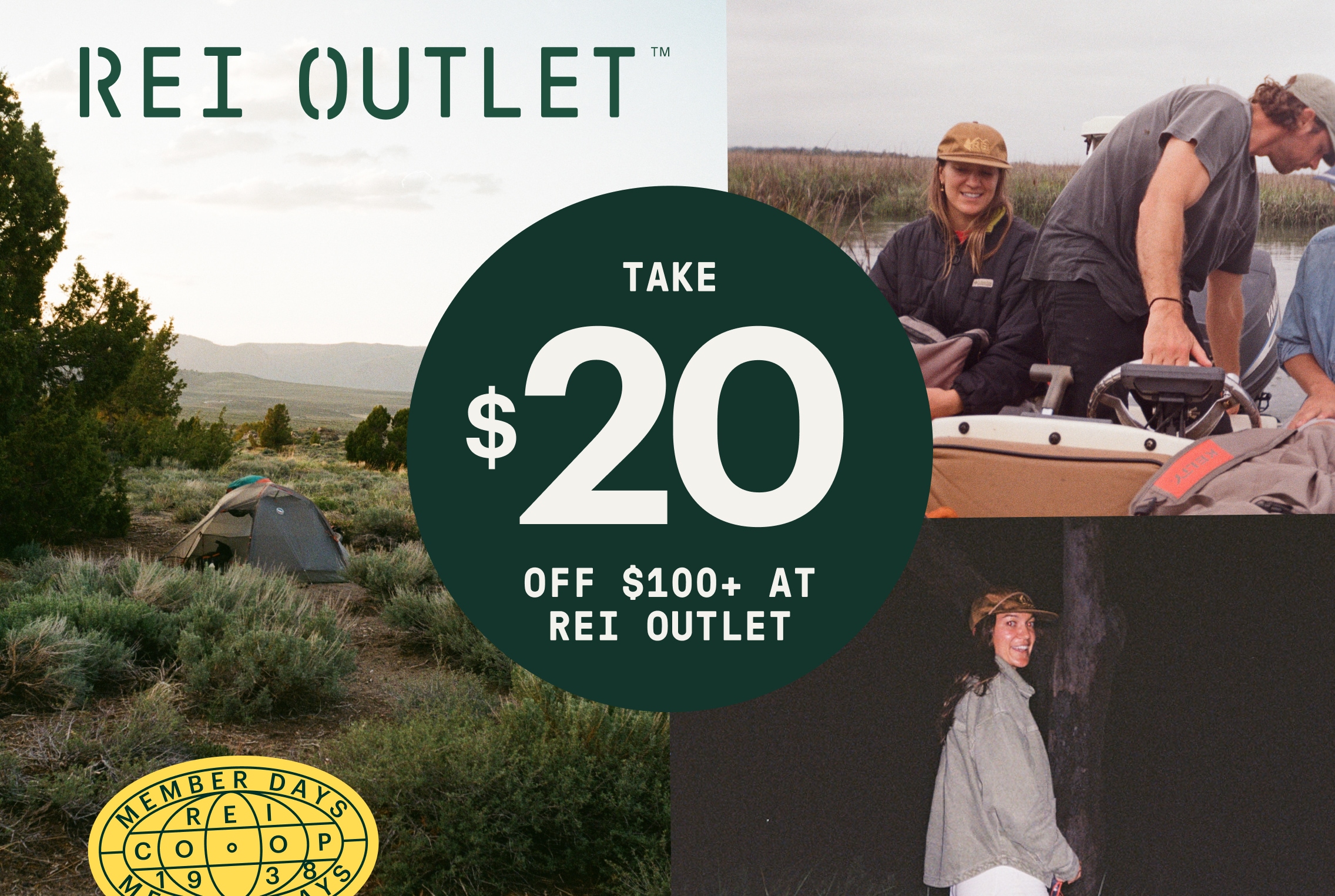 A collage of members in outdoor scenes. Text reads "save $20 when you spend $100 on outlet"