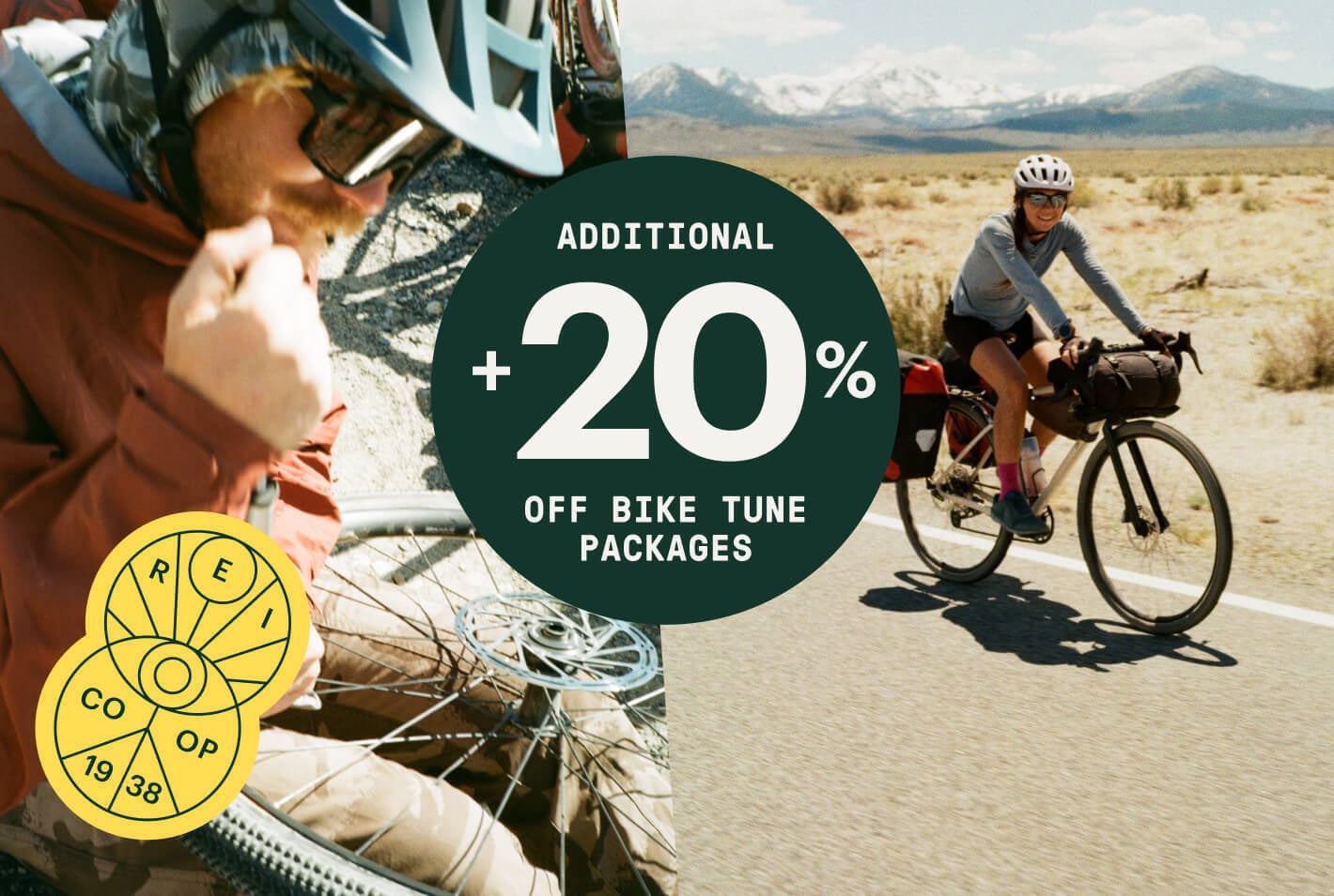 a photo collage of cyclist riding and fixing bikes, text reads "additional 20% off bike tune packages"