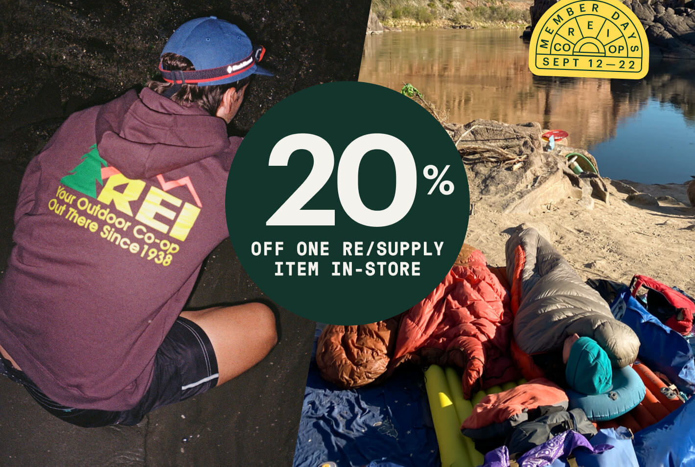 A collage of camping scenes, text reads: 20% off one resupply item in store