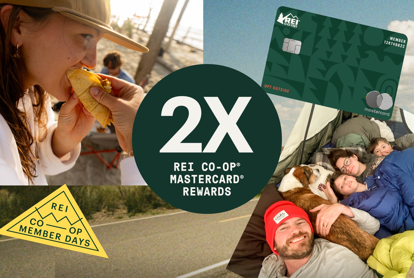 a photo collage of outdoor activities, text reads 2x REI co-op mastercard rewards