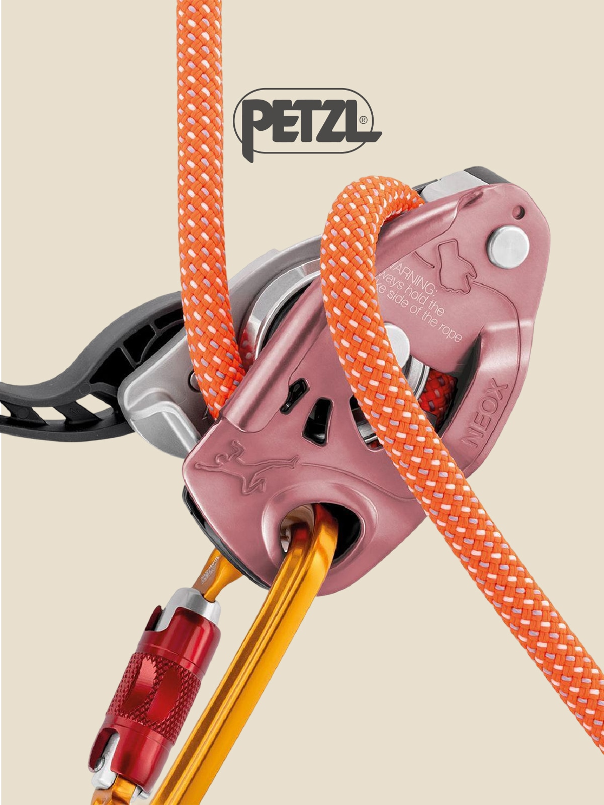 Petzl. The NEOX belay device in pink.
