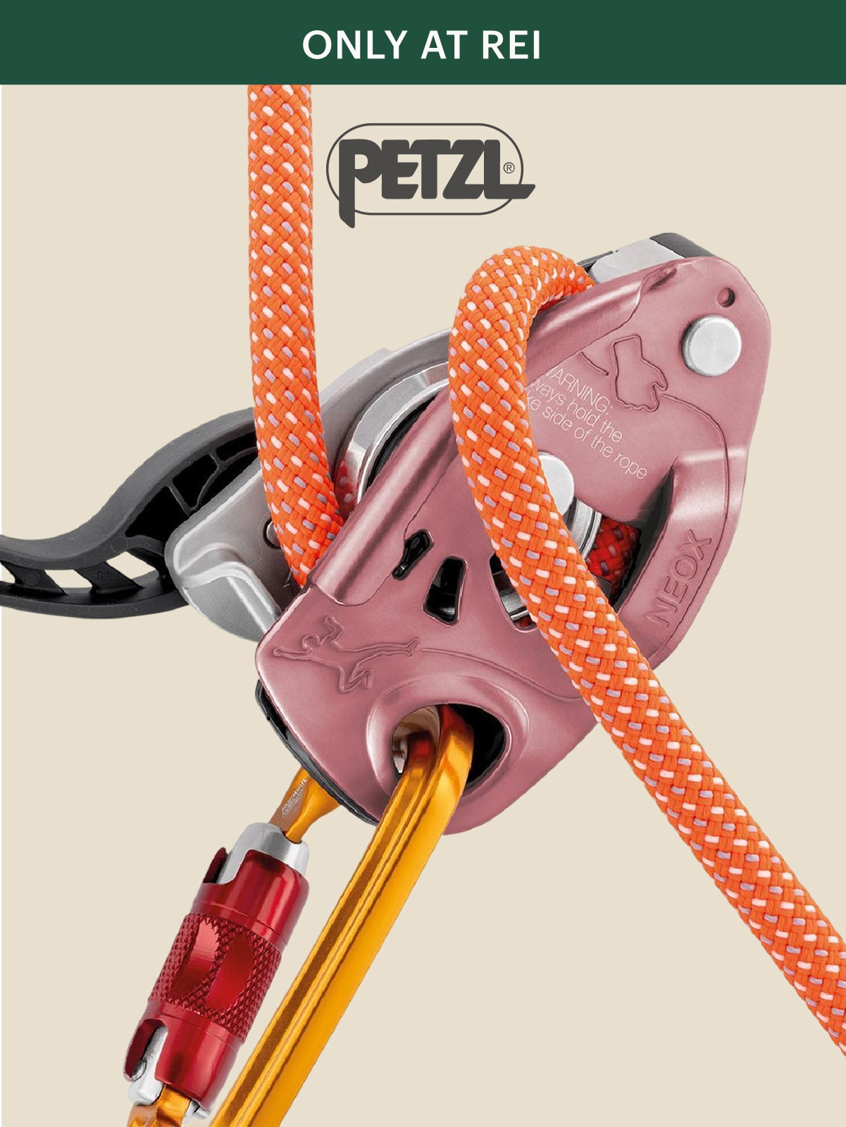 Petzl. The NEOX belay device in pink.