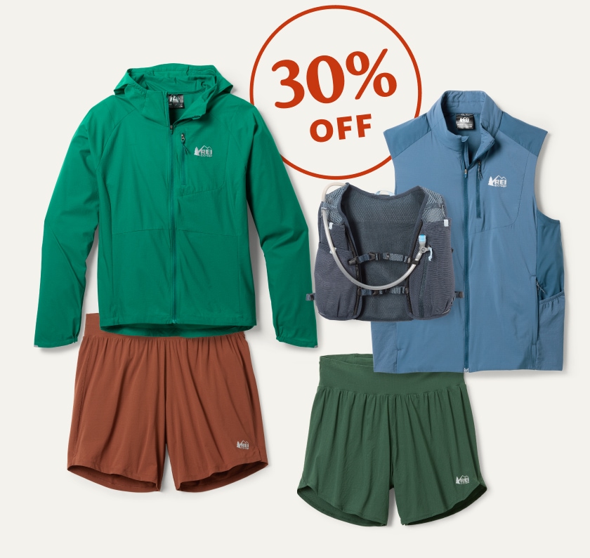 30 percent off. A collage of clothing and gear from R E I Co-op Brand Swiftland.