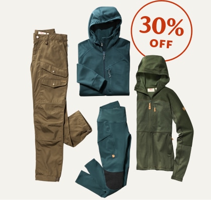 30 percent off. A collage of clothing from Fjallraven.