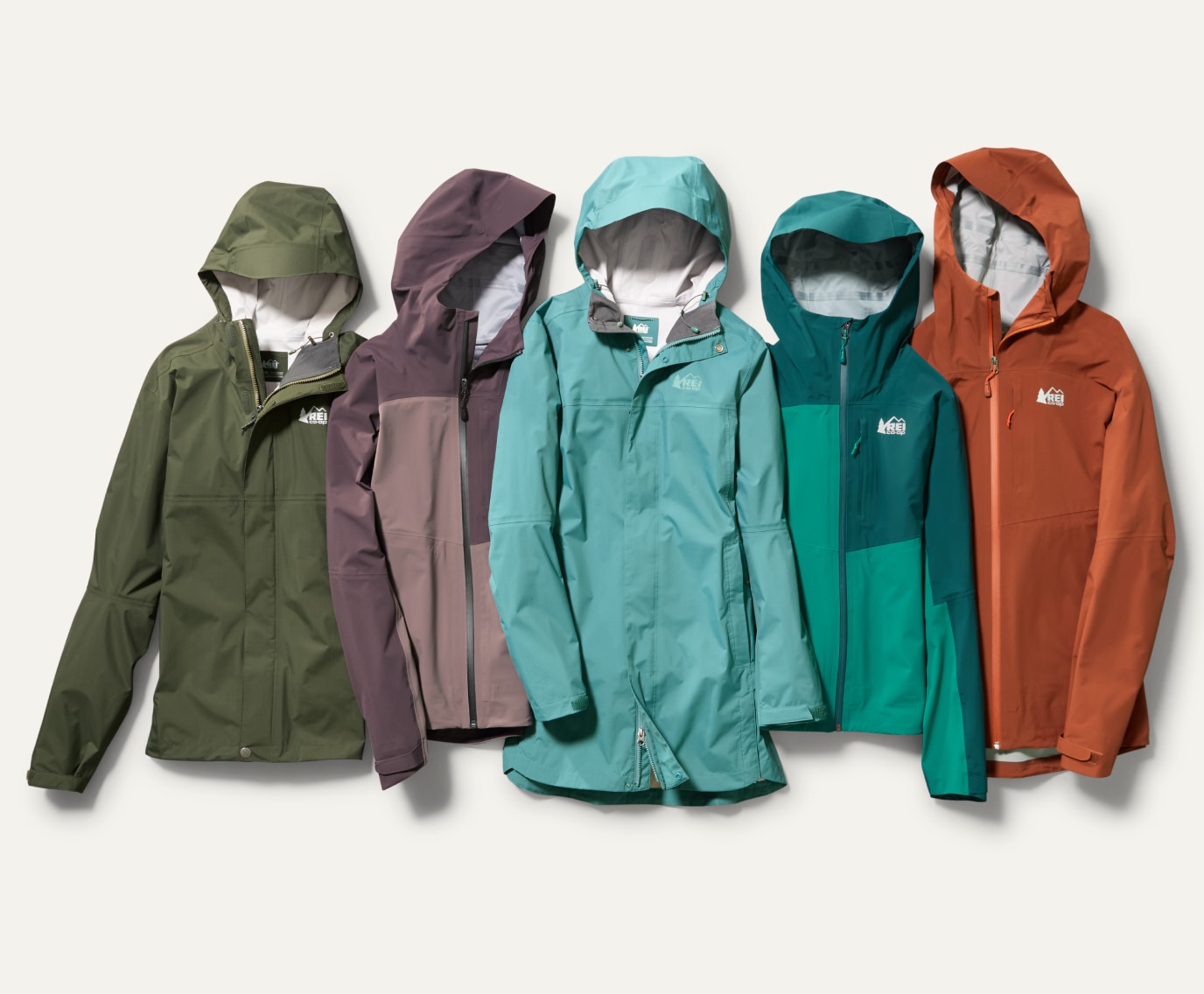 A collage of colorful jackets from the R E I Co-op brand.