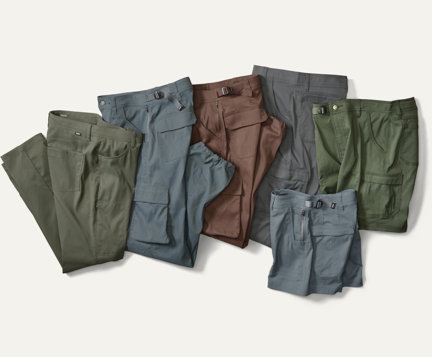 A collage of pants from prAna & Kuhl.