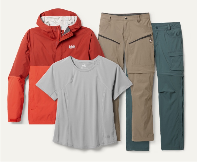 A jacket, a short-sleeve shirt, & two pairs of pants.