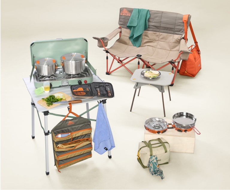 A collage of camp gear including chairs, tables, cookware, & utensils.
