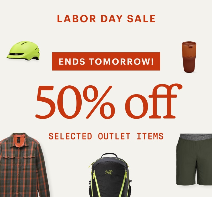 Various gear and clothing on sale. Headline: LABOR DAY SALE. ENDS TOMORROW! 50% OFF SELECTED OUTLET ITEMS