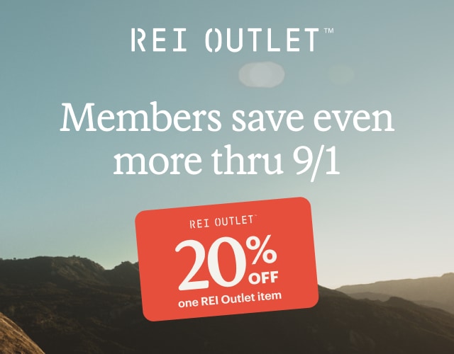 Outlet coupon with a mountain backdrop. Headline: REI OUTLET. Members save even more thru 9/1
