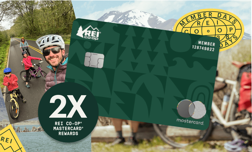 A photo collage of outdoor activities, text reads 2x REI Co-op Mastercard Rewards