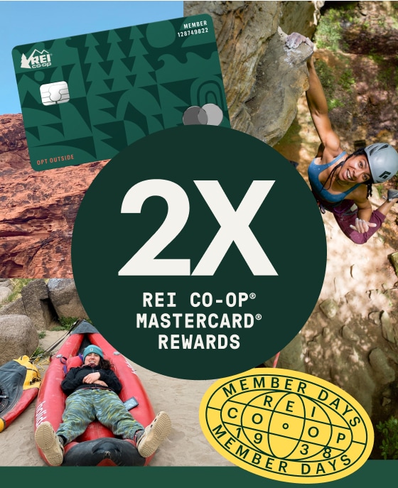 Double card rewards with the R E I Co-op Mastercard during Member Days. A collage of members enjoying outdoor activities.
