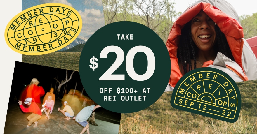Save 20 dollars when you spend 100+ dollars at R E I Outlet during Member Days. A collage of members enjoying the outdoors.