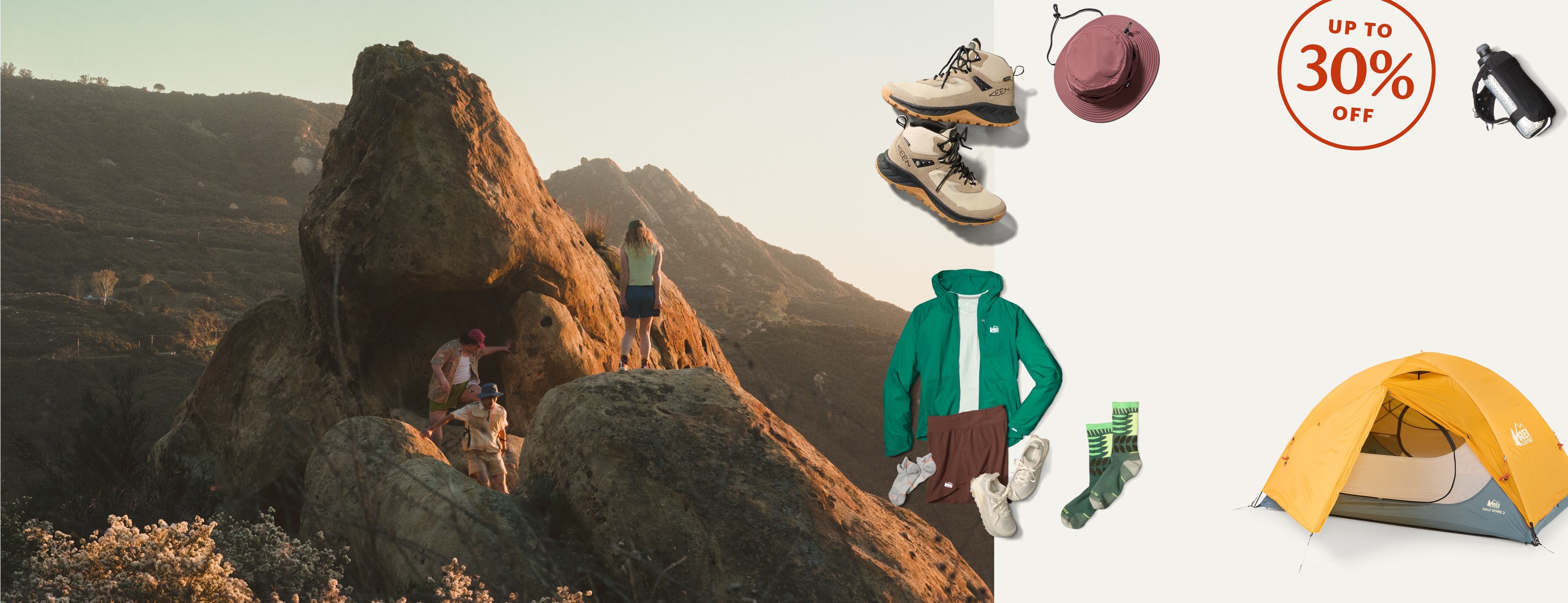 Up to 30% off Labor Day Sale. An image of people hiking over large rocks. A collage of outdoor clothing and gear.