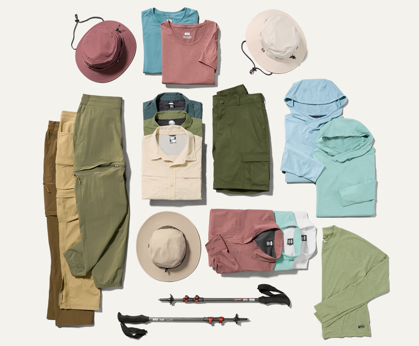A collage of clothing & gear from the R E I Co-op brand.