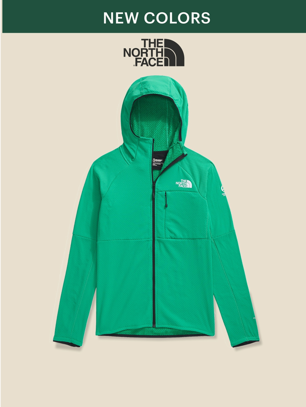 The North Face. A women’s fleece hoodie in green.