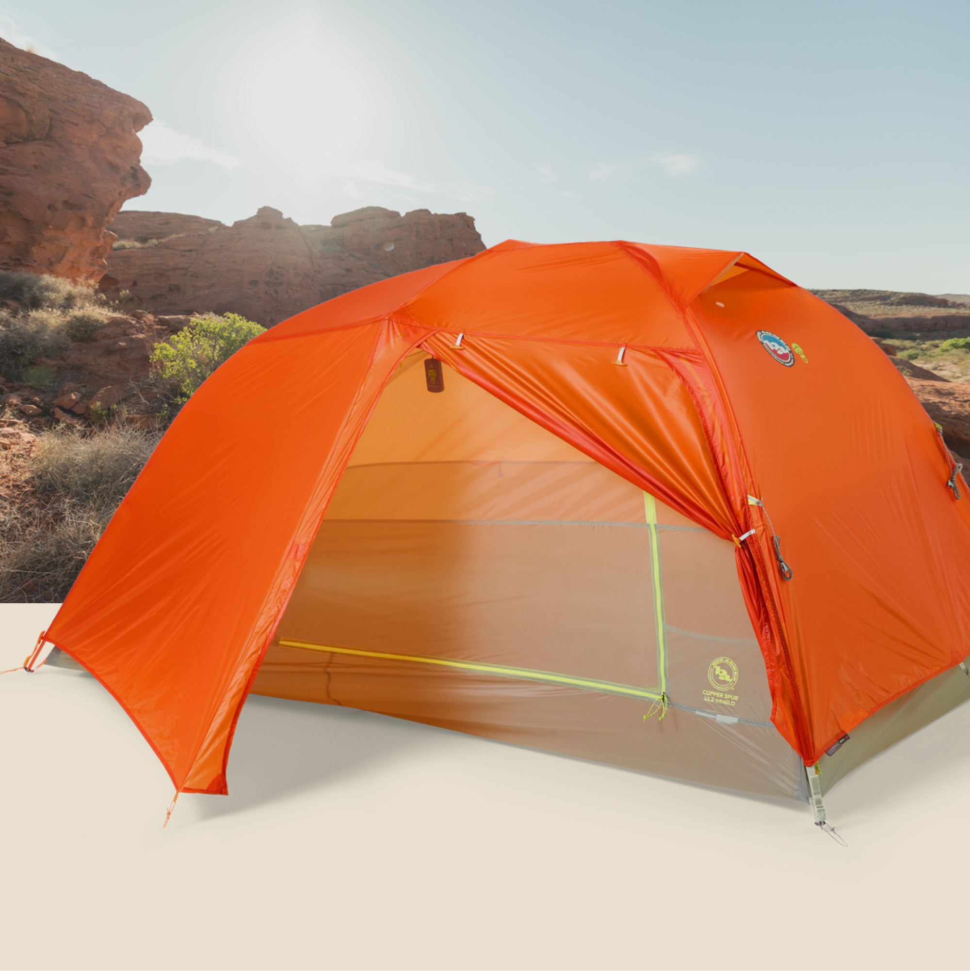 The Copper Spur UL2 mtnGLO tent from Big Agnes with canyons in the background.