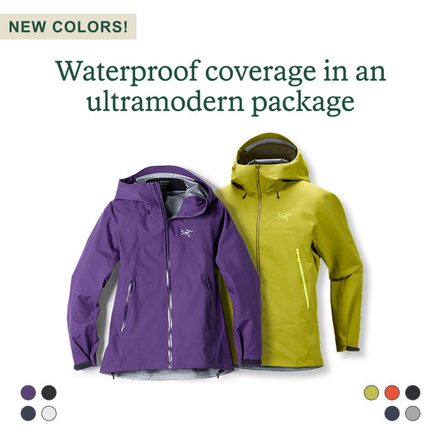 Arc'teryx jackets in yellow and purple. Headline: Waterproof coverage in an ultramodern package