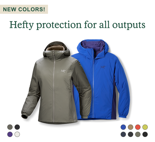 Arc'teryx hoodies in blue and grey. Headline: Hefty protection for all outputs