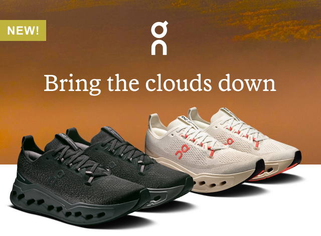 Black and off-white running shoes from On. Headline: Bring the clouds down