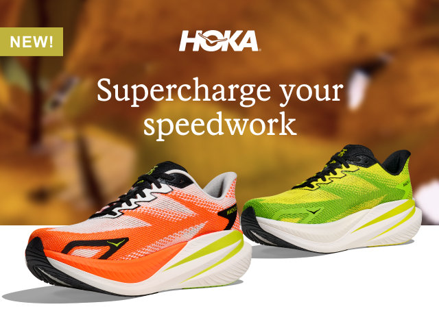 Orange-colored HOKA running shoes.Headline: Supercharge your speedwork