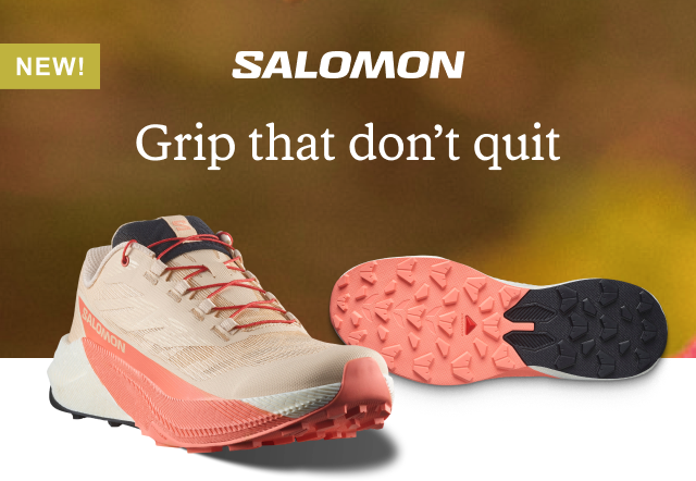 Peach-colored Salomon trail-running shoes. Headline: Grip that don't quit