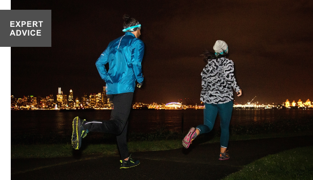 Two highly reflective runners getting in their miles after nightfall. Headline: EXPERT ADVICE.