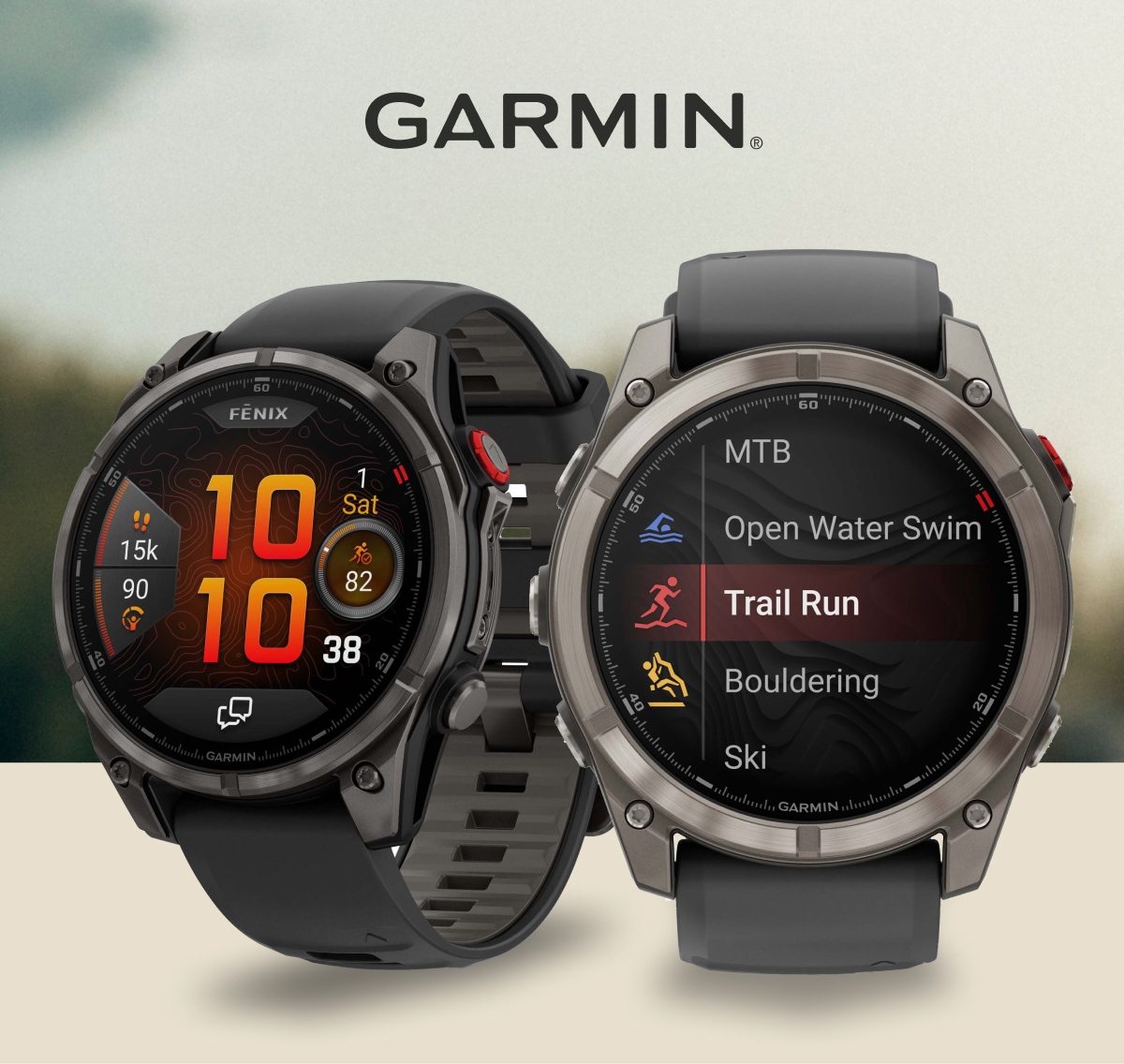 Two Garmin fenix 8 Pro smartwatches over an image of a grassy field.