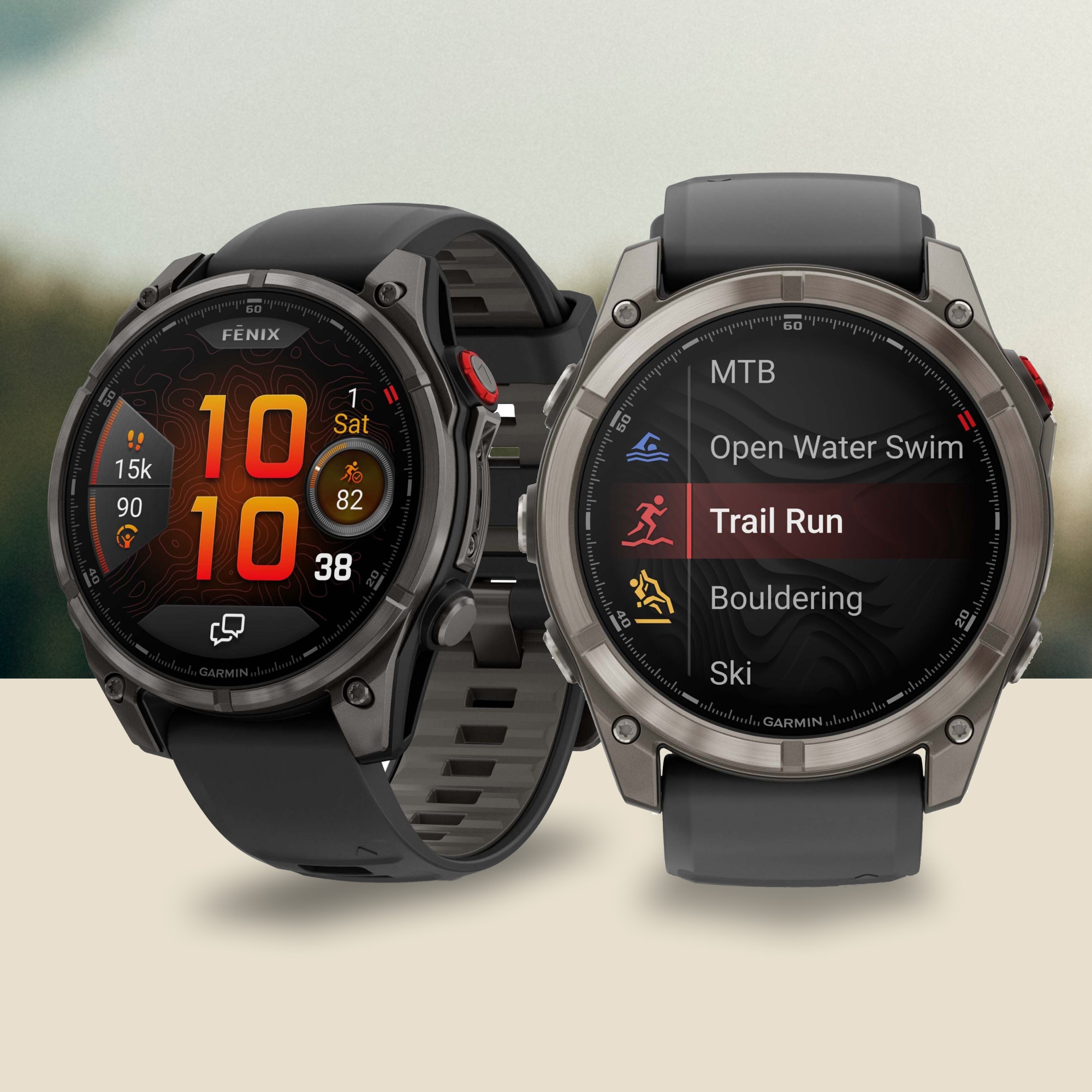 Two Garmin fenix 8 Pro smartwatches over an image of a grassy field.
