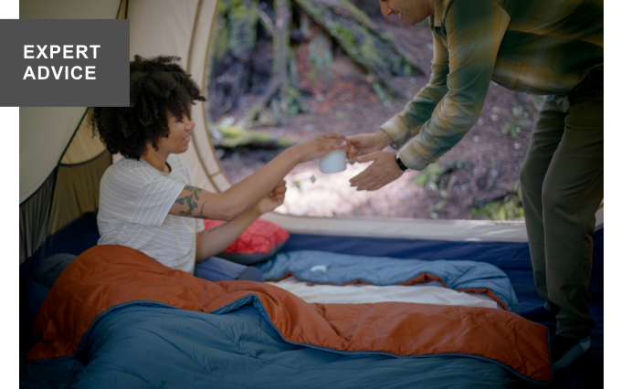 Family in a tent together. Headline: EXPERT ADVICE