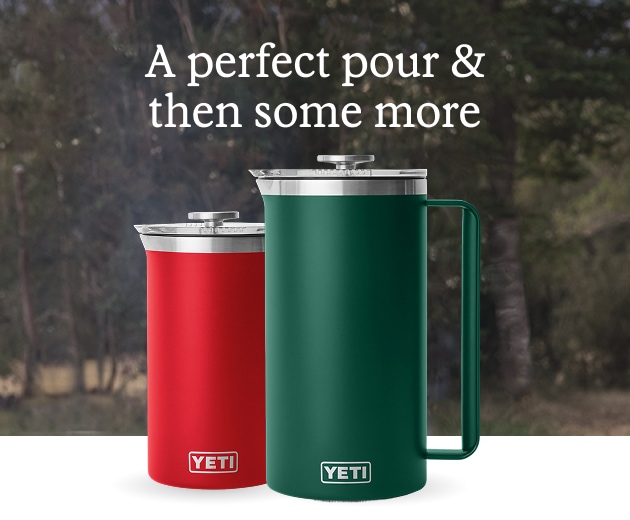Red and green YETI french press. Headline: A perfect pour & then some more