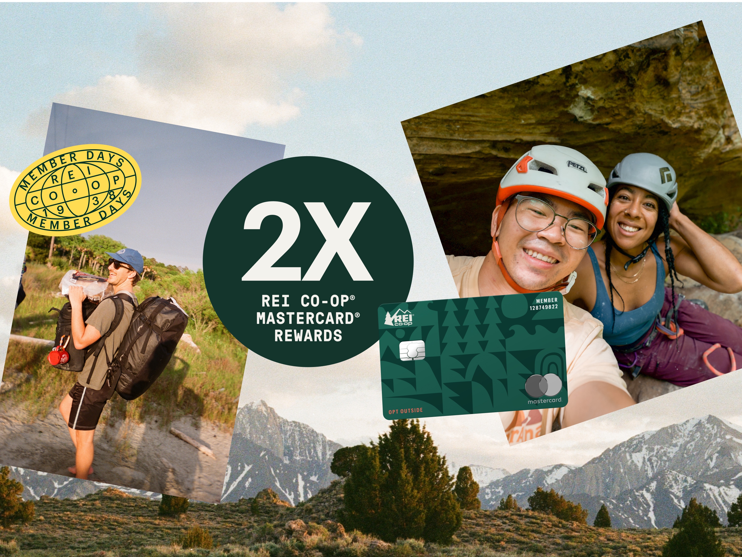 Get double the rewards with the R E I Co-op Mastercard during Member Days. People smile for the camera while enjoying the outdoors.