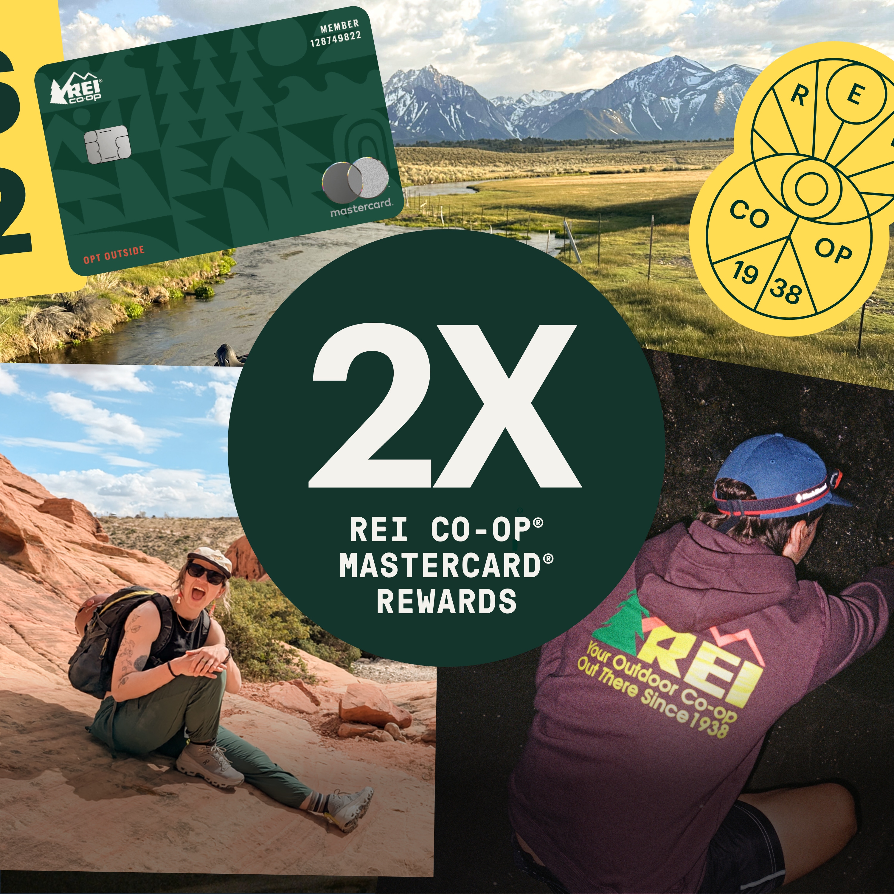 Double R E I Co-op Mastercard Rewards. A collage of members enjoying outdoor activities.