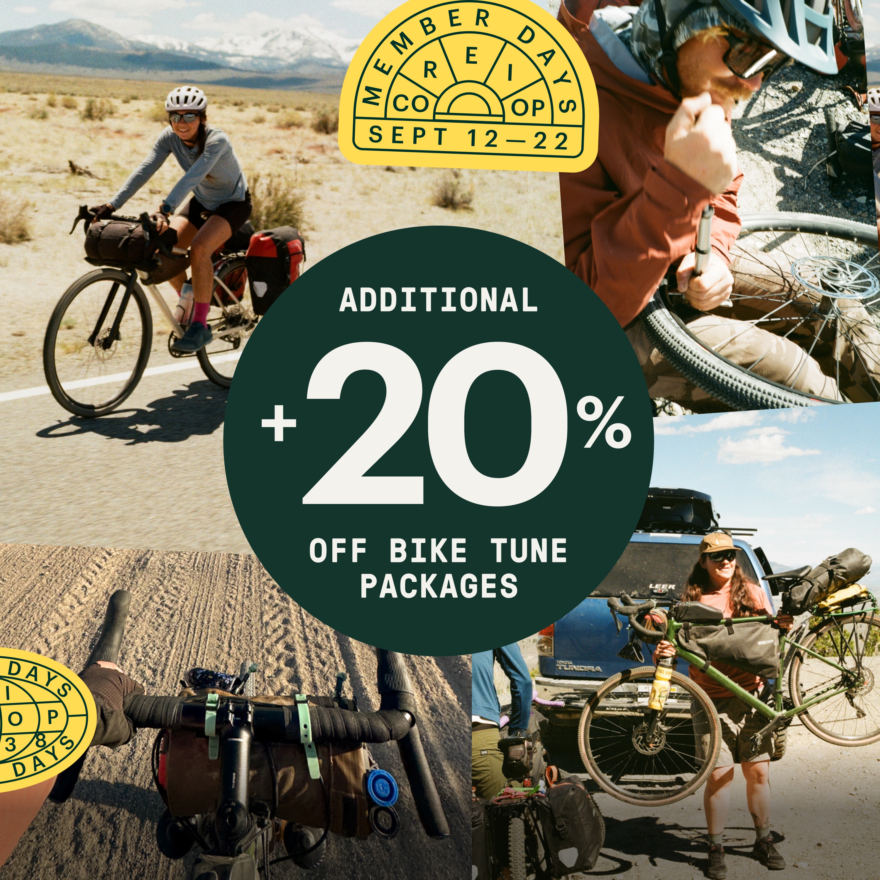 Members save an additional 20 percent on bike tune packages. A collage of members enjoying time outside on their bikes.