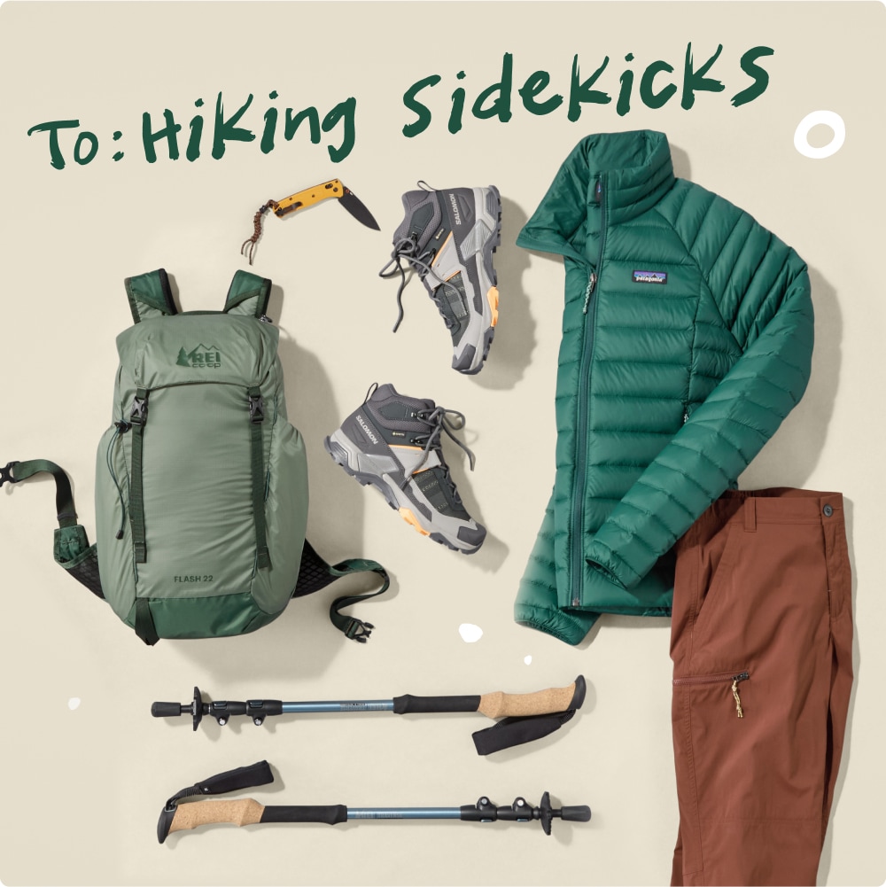 To: Hiking sidekicks. A collage of hiking clothing, shoes, poles, & a pack.