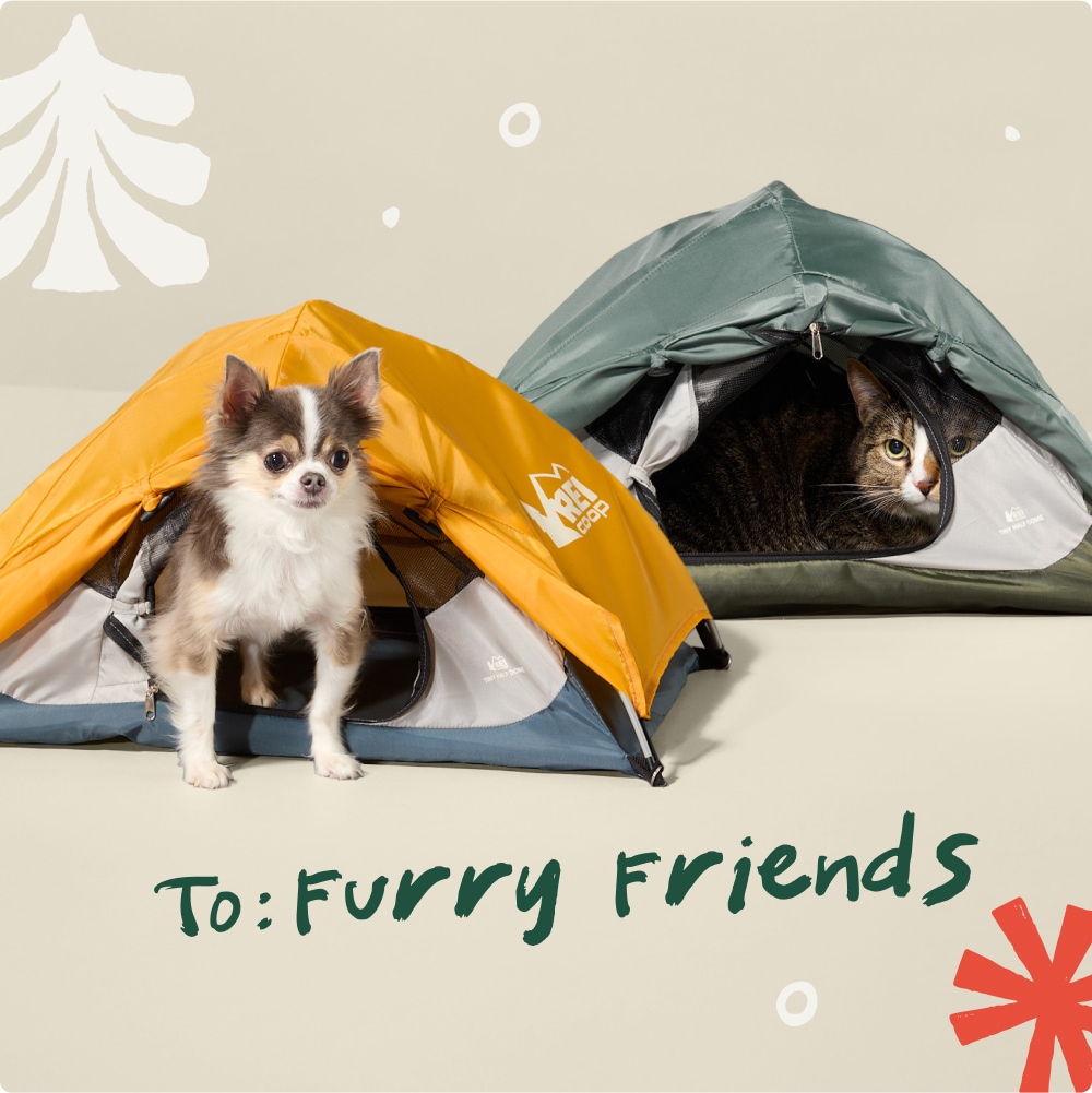 To: Furry friends. A dog and a cat sit inside of two tiny Half Dome tents.