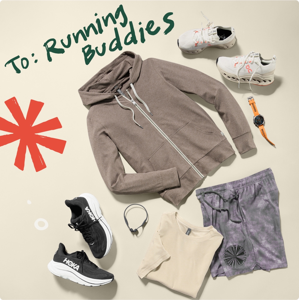 To: Running buddies. A collage of running clothing, gear, and electronics.